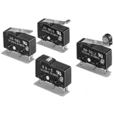 Four black microswitches with metal levers and connections. They are arranged in two rows.