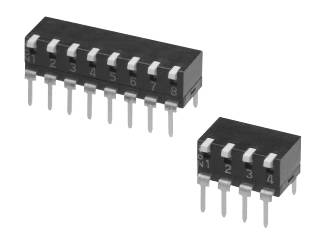 Two DIP switches, one with eight and one with four switches, displayed on a white surface. They show numbers on their top surface.