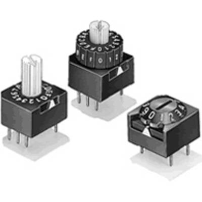 Three rotary switches with different designs and markings, positioned side by side on a surface.