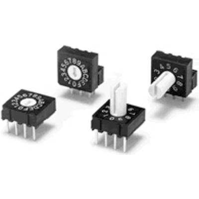 Four black rotary switches with white handles and numbers from 0 to 9, positioned on a light surface, show different positions.