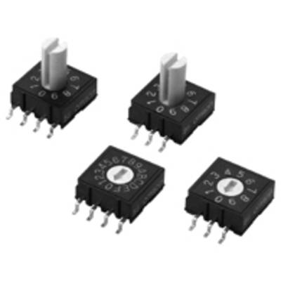 Four black rotary switches with white control knobs, numbered from 0 to 9, positioned on flat surfaces.