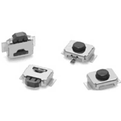 'Four electronic components with different switches. Each has a rectangular metal base and a black button on top.'