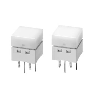 Two white rectangular electronic push buttons with multiple metal pins.