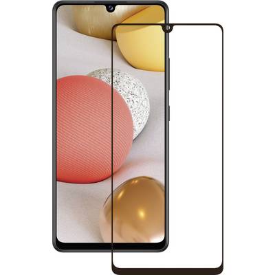 A smartphone with a colourful display, placed next to a screen protector. The display shows geometric shapes.