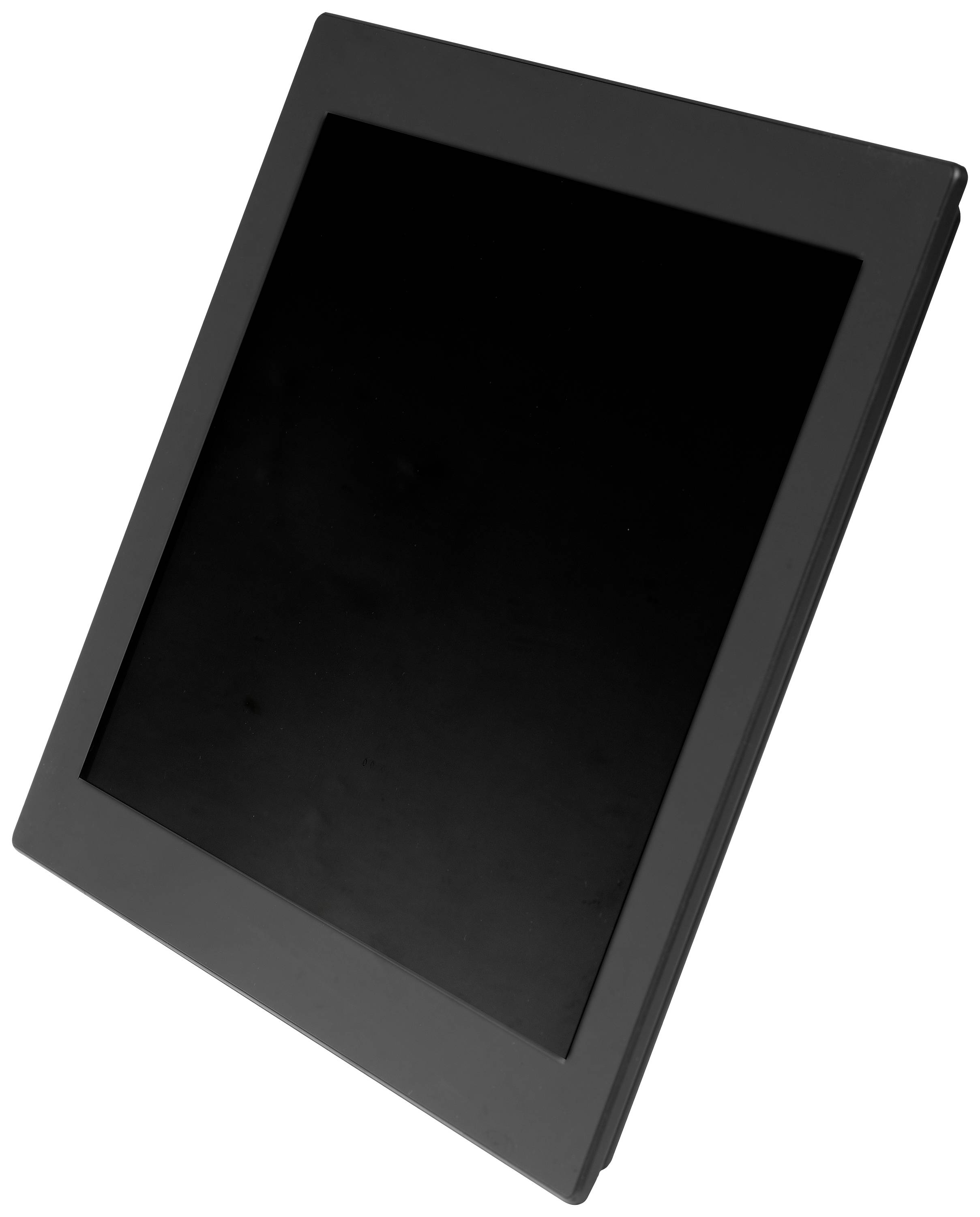 A black picture frame, empty in portrait orientation, slightly tilted to the left.