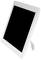 A white digital photo frame on a stand with a black screen on a white background.