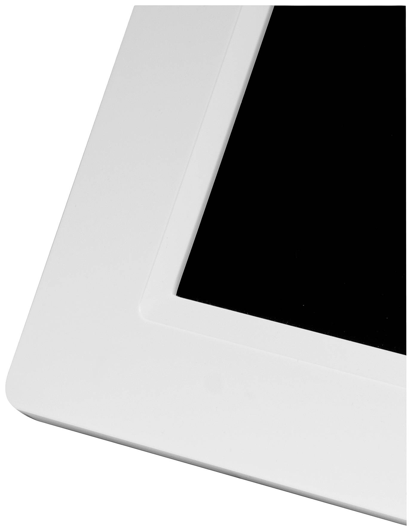 A white tablet corner with a black screen appears from the top left, showing part of the frame and a section of the display.