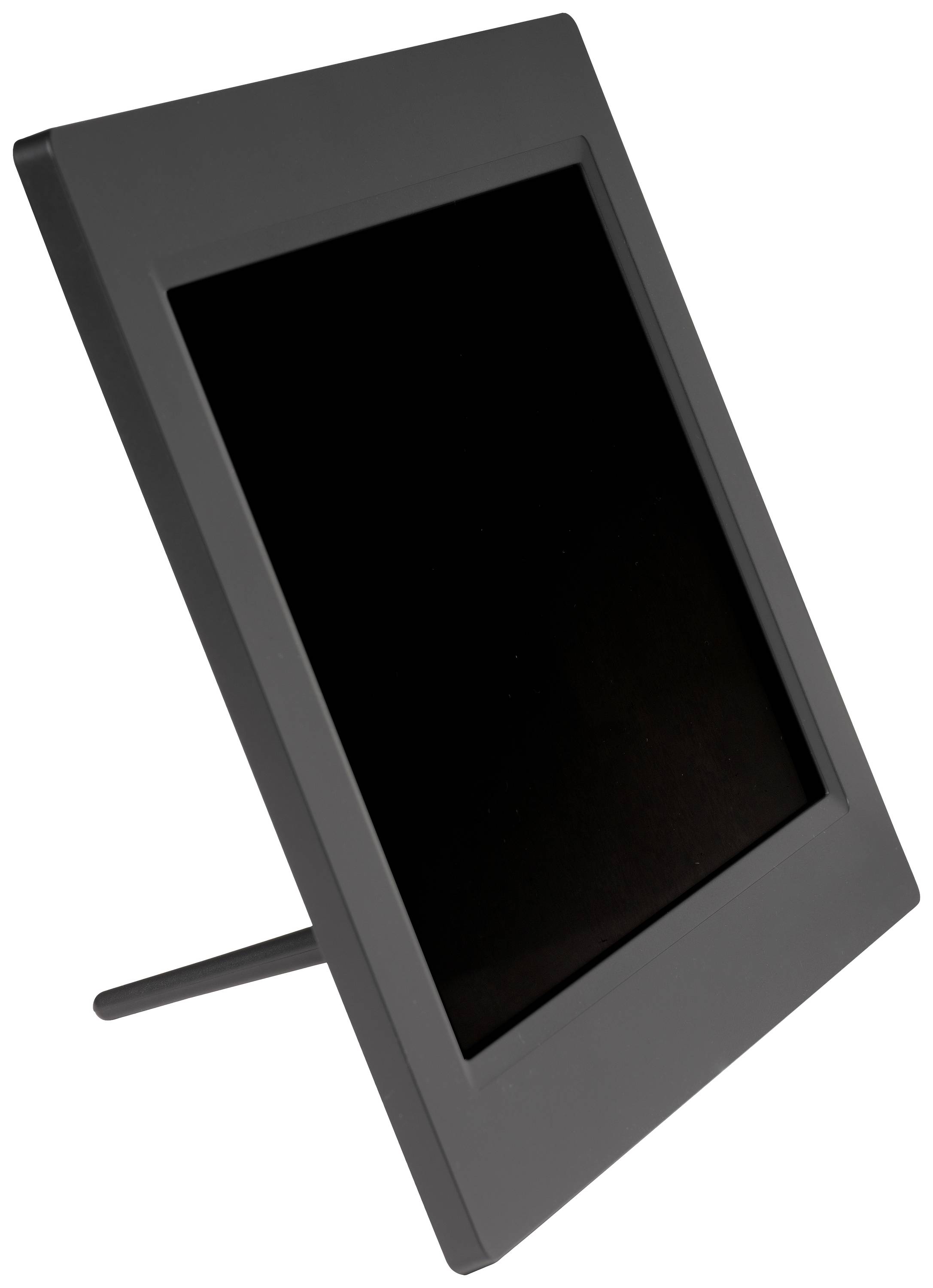 Black plastic photo frame with stand, viewed from the side.
