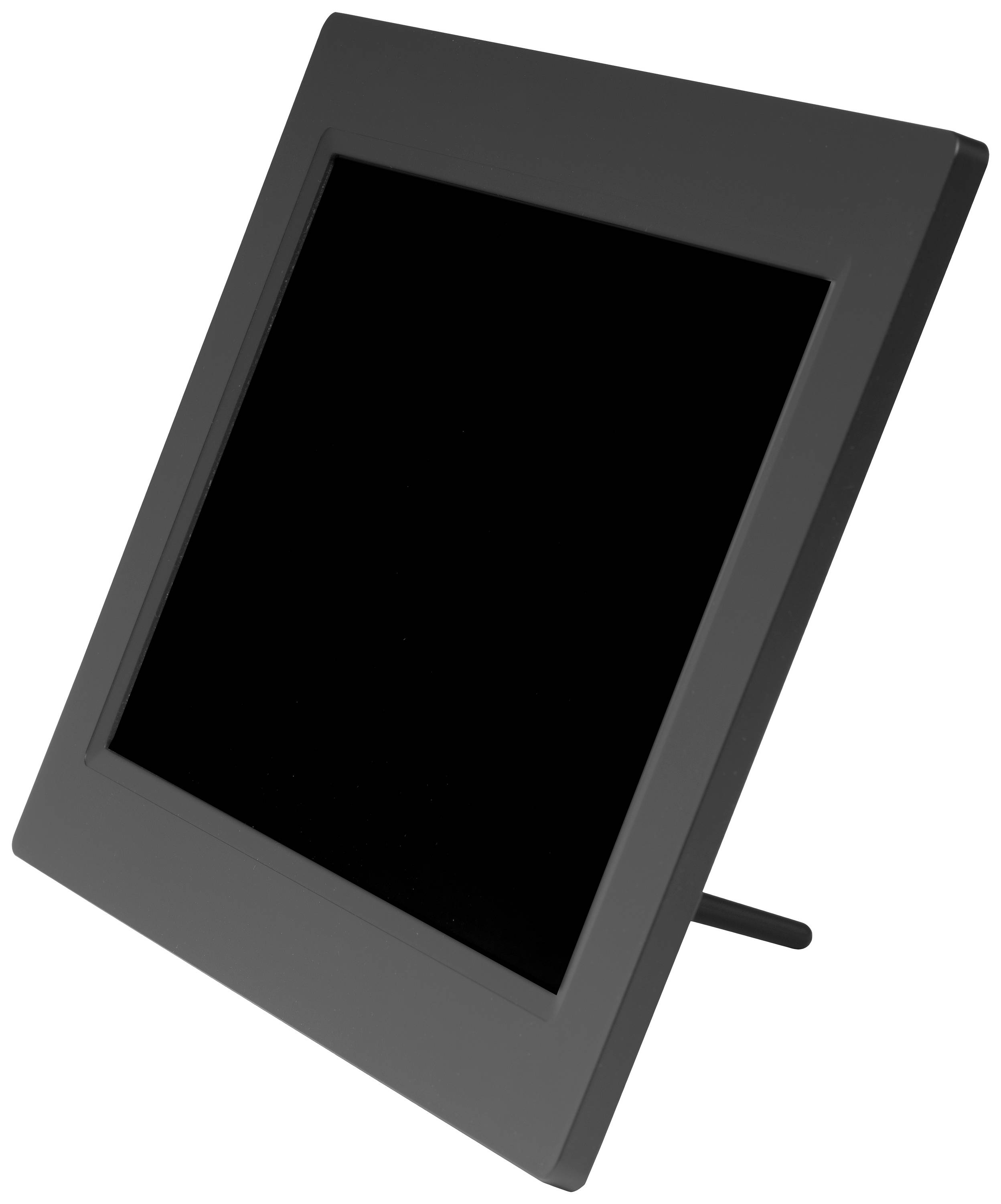 A black digital photo frame with a stand, slightly tilted to one side.