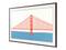 A simple, graphic artwork of a red bridge over blue water in a brown frame.
