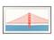 Illustration of a red bridge over blue water, similar to the Golden Gate Bridge, in a simple wooden frame.