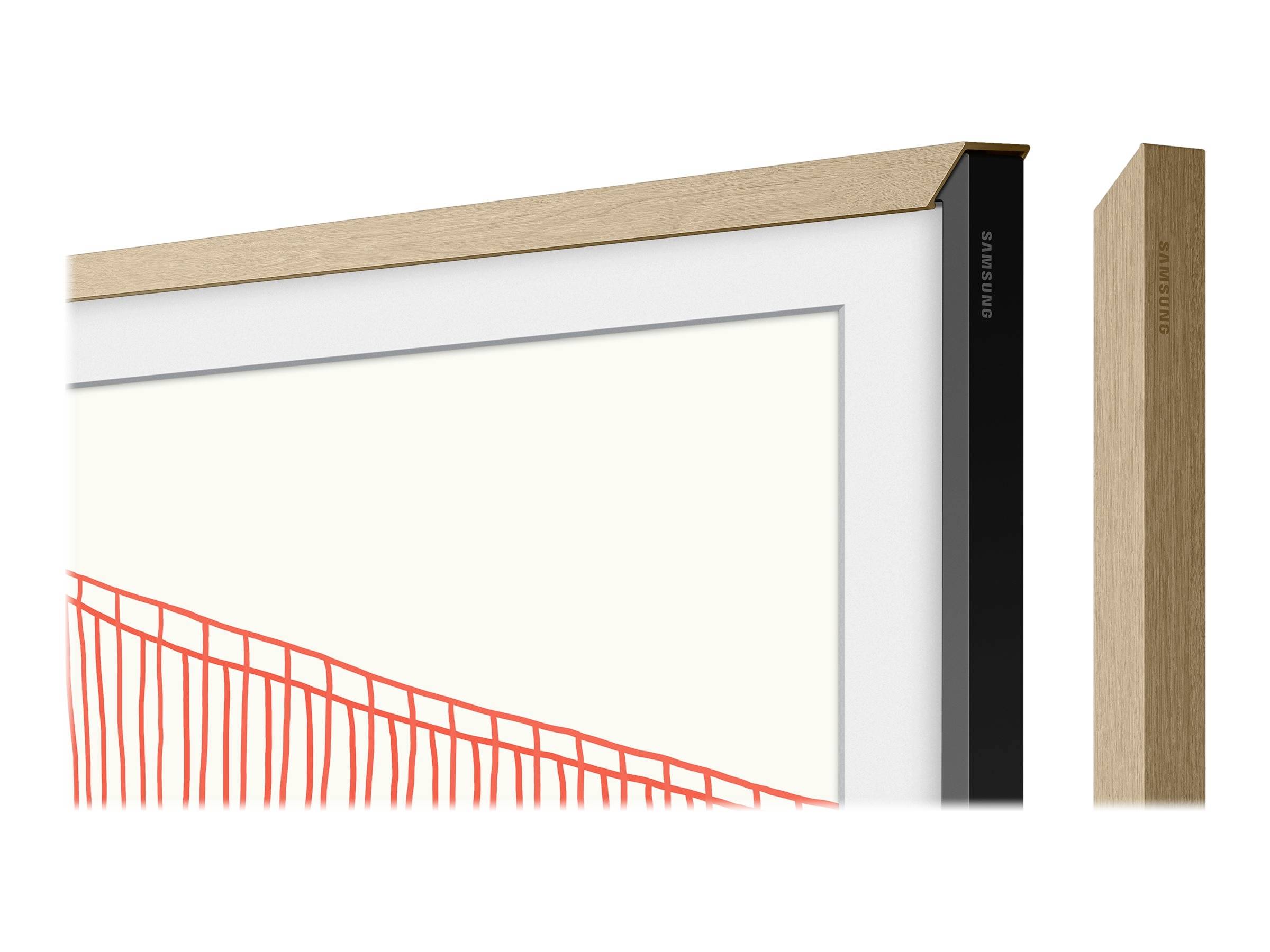 A television with a wood-like frame and art mode displays a red, line-shaped drawing on a white background.