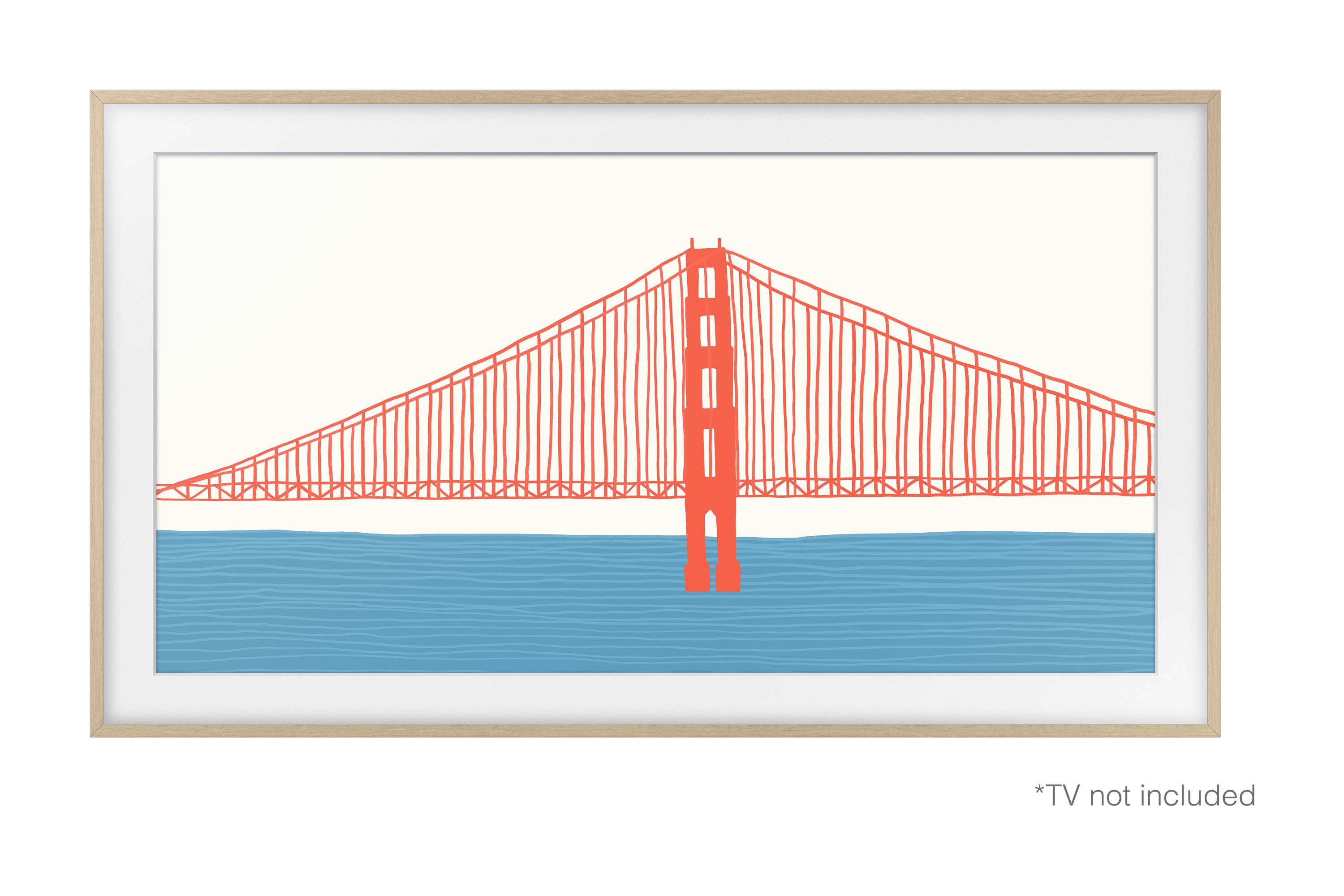 Painting of a stylised suspension bridge in red over blue water with a white sky in the background. Television not included.<br><br>(Note: The translation preserves the original meaning and slightly quirky tone, with a direct conversion to British English.)