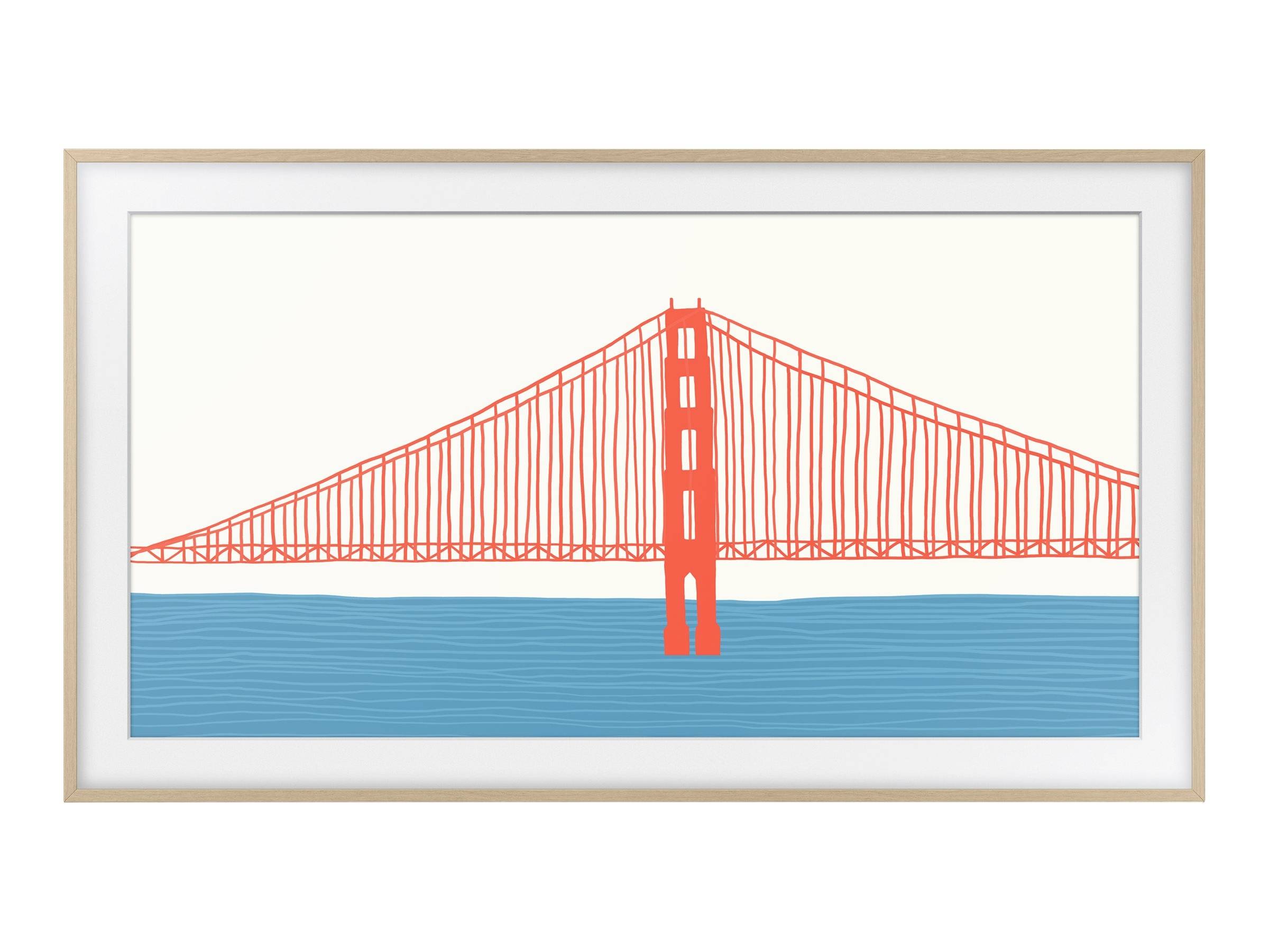 A minimalist artwork depicts a red suspension bridge over blue water on a light beige background, set within a wooden frame.