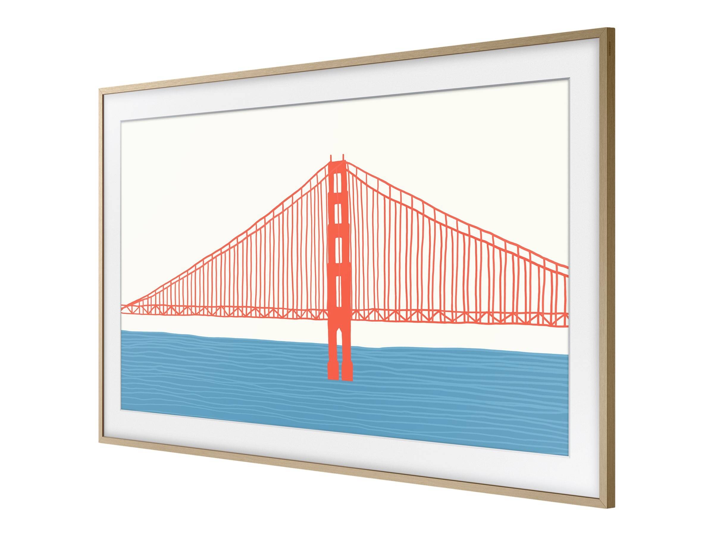 A framed picture shows a stylised depiction of a red bridge over blue water on a beige background.