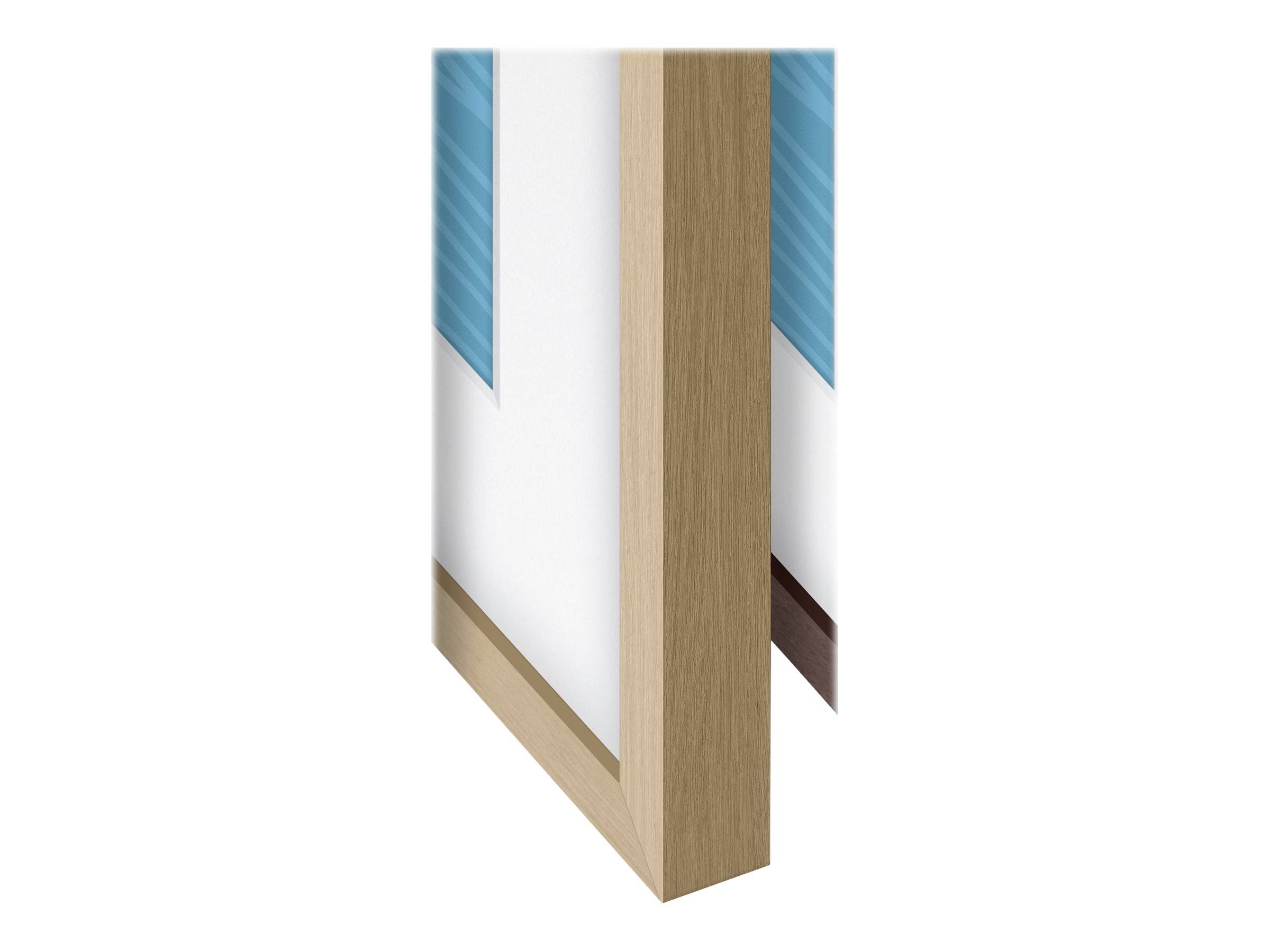 A wooden picture frame displays an image with blue accents. The frame is made of light-coloured wood and is positioned at an angle.
