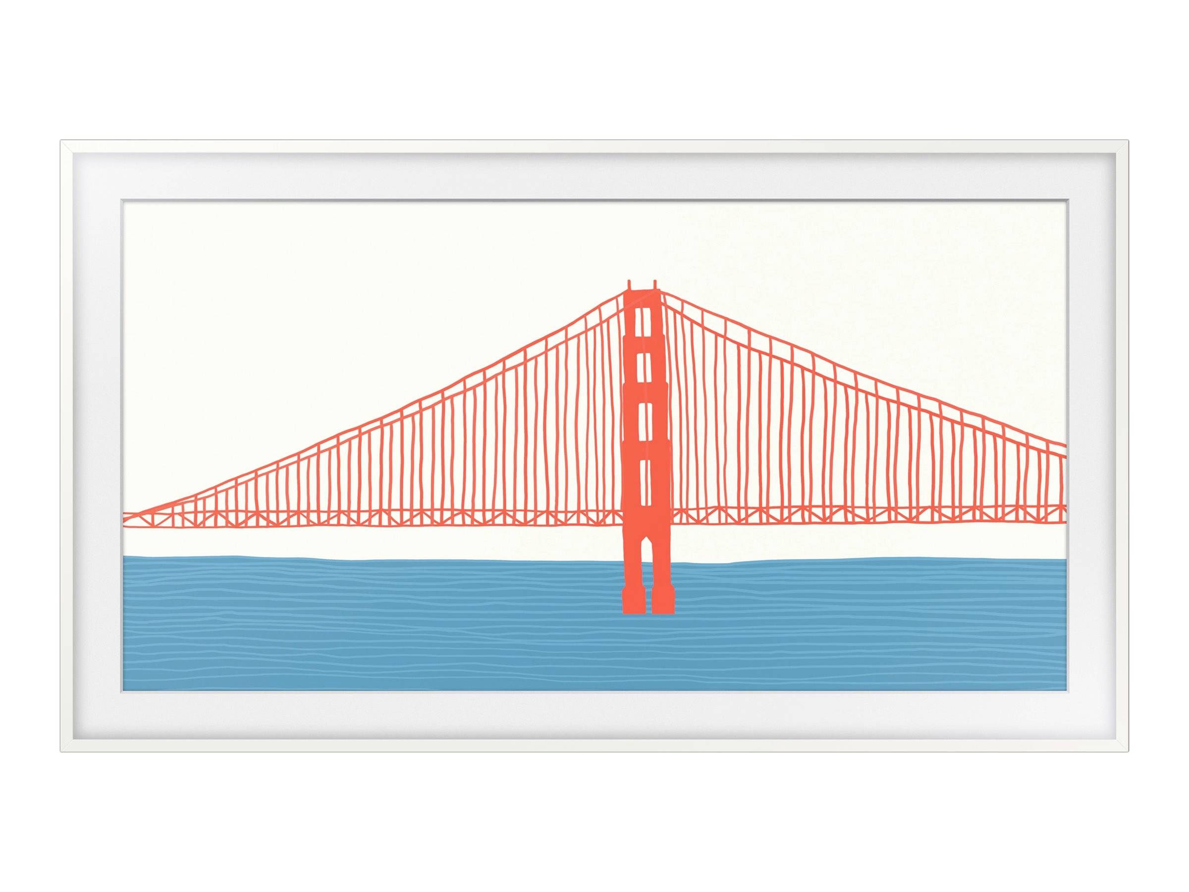 Illustration of a red suspension bridge spanning over blue water, within a white frame.