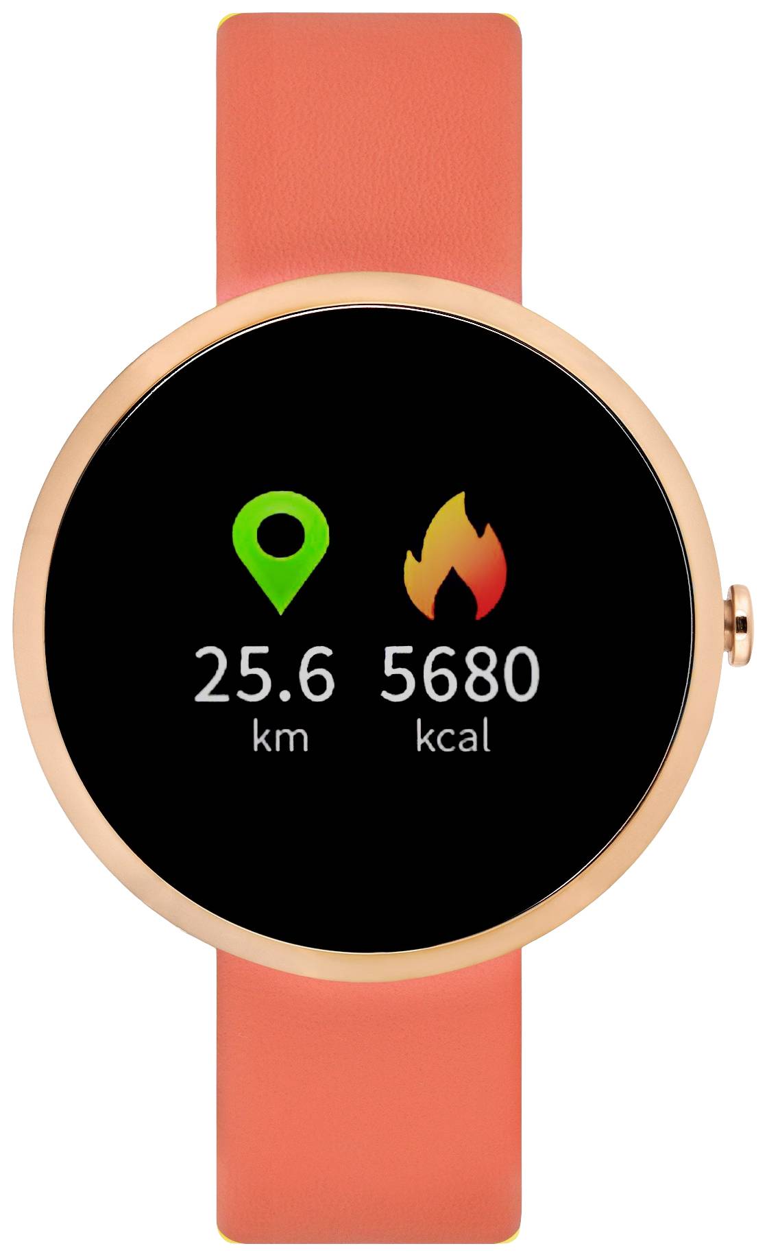 Smartwatch with an orange strap displays 25.6 km and 5,680 kcal on the screen.