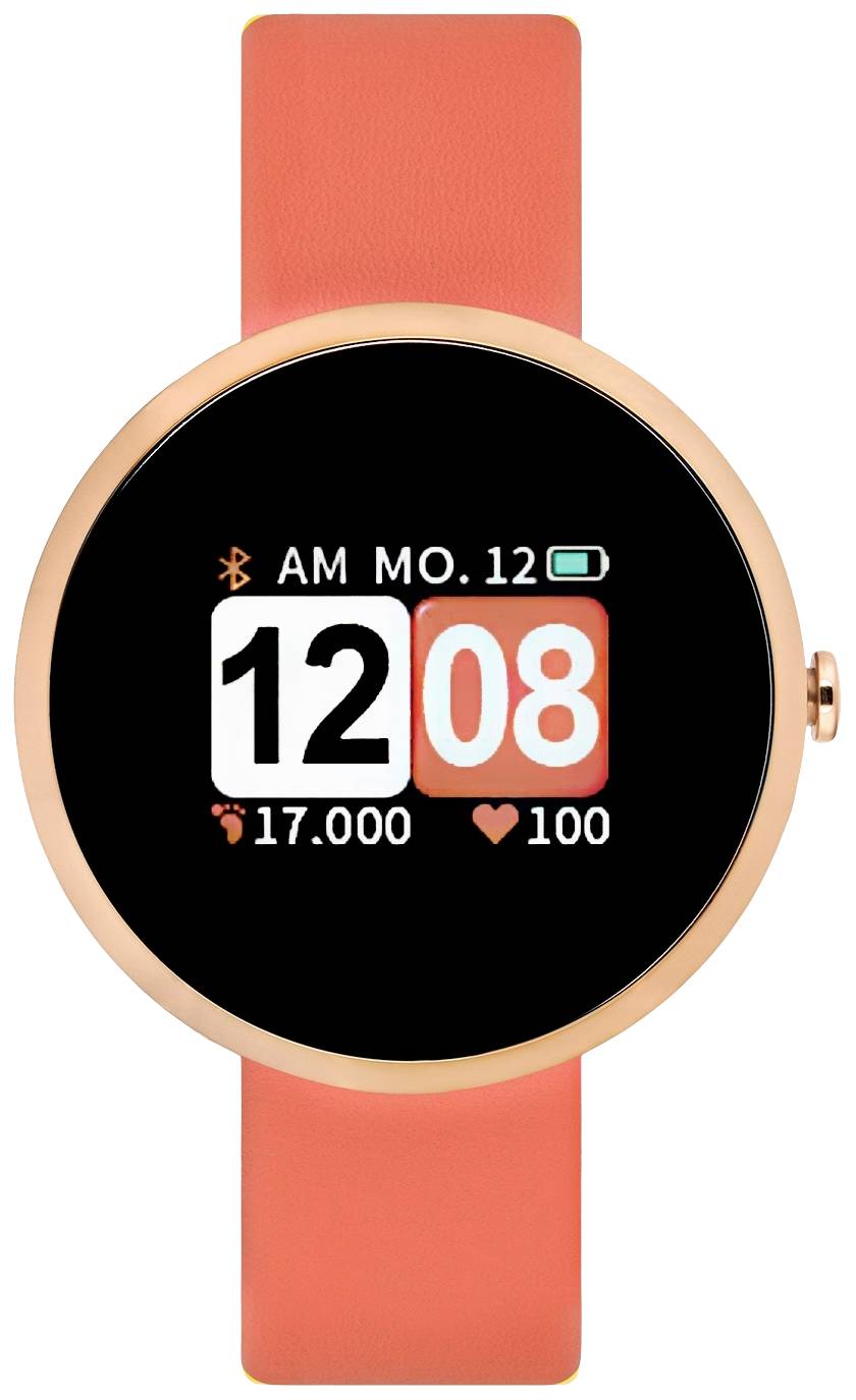Smartwatch with an orange strap shows time as 12:08, date Monday, 12th, steps 17,000 and heart rate 100.