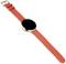 Wristwatch with a round, black dial and an orange strap.