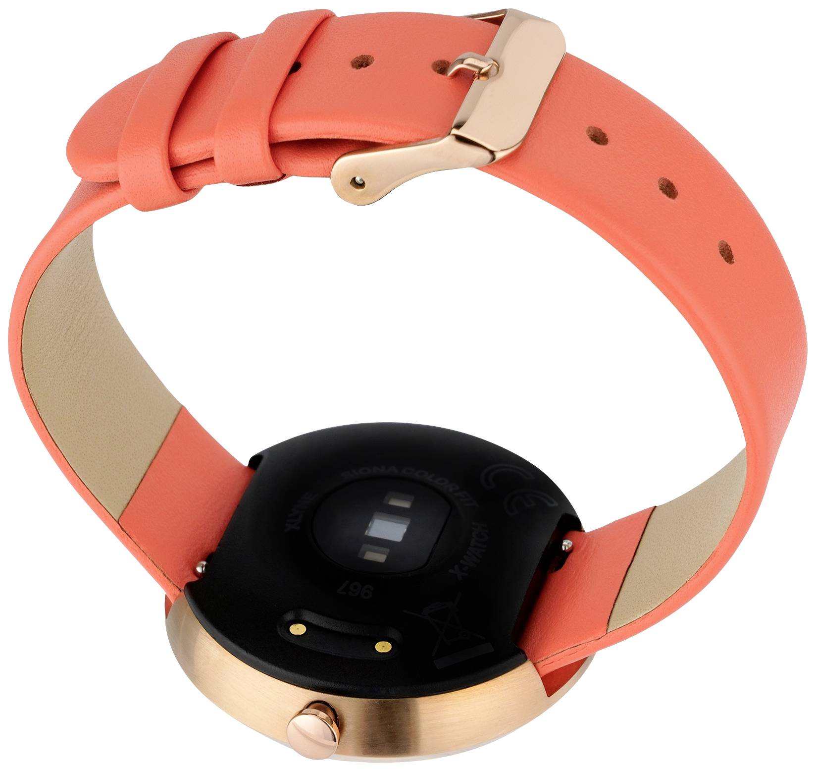 'Smartwatch with a round case and a bright orange strap, equipped with sensors on the back for fitness tracking.'