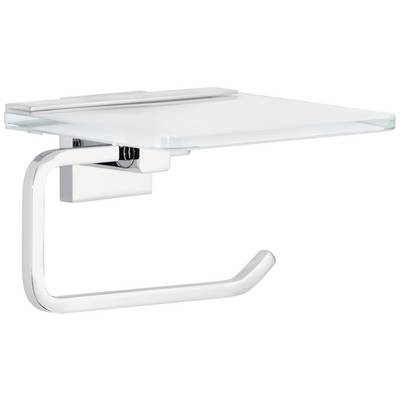 A modern, chrome-plated toilet roll holder with glass shelf. Ideal for bathrooms, combining functionality and elegant design.