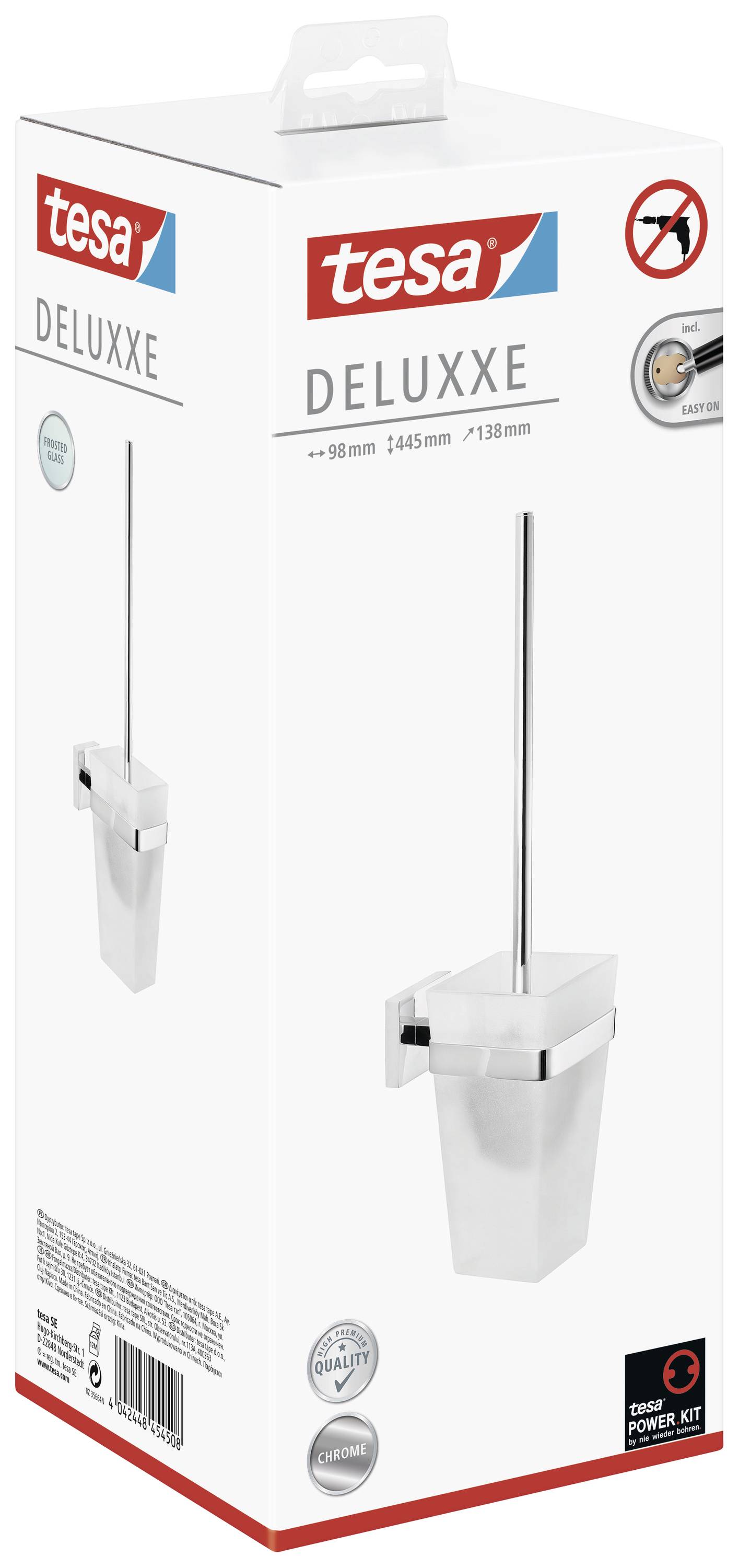 Toilet brush holder by 'tesa' called 'DELUXXE', installation without drilling thanks to 'Power.Kit', including contents and dimensions.