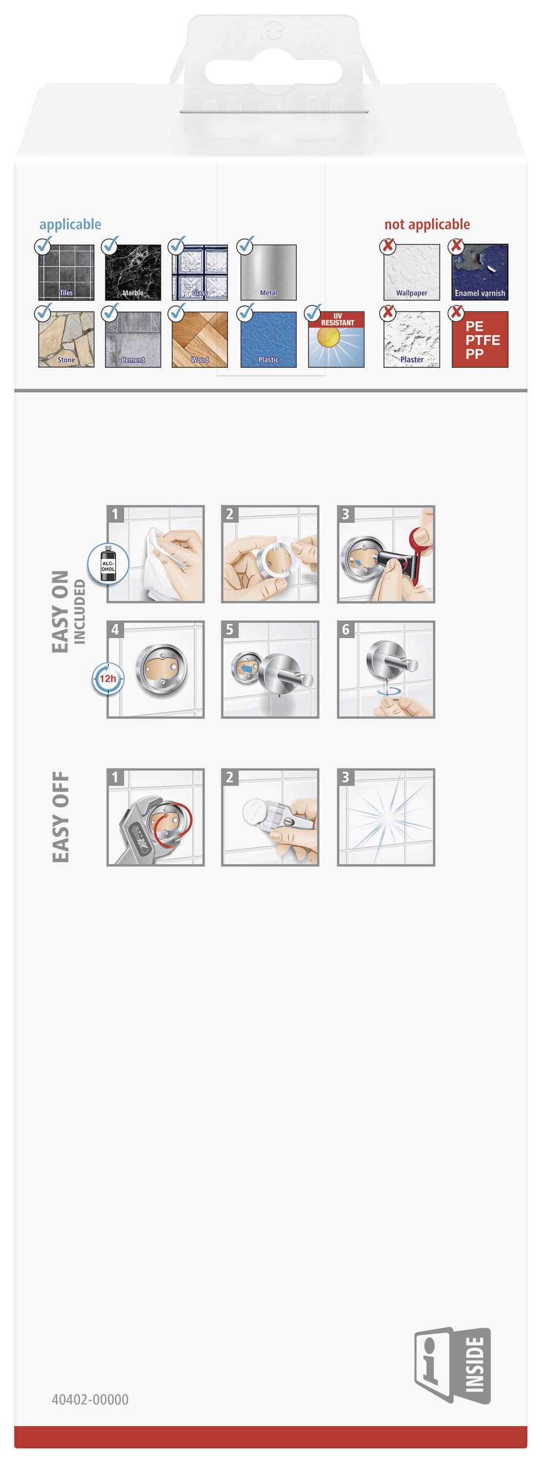 The packaging shows instructions for the assembly and disassembly of a hook in four steps, suitable for both smooth and uneven surfaces.