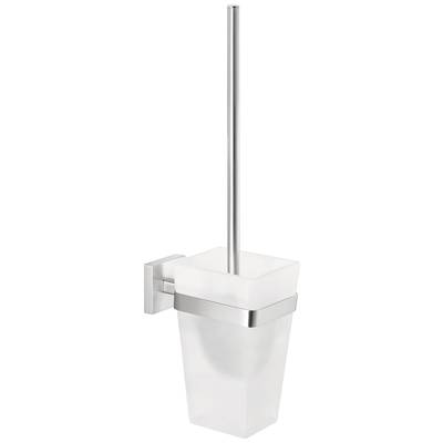 A white toilet brush with a stainless steel holder and handle, mounted on a wall bracket.