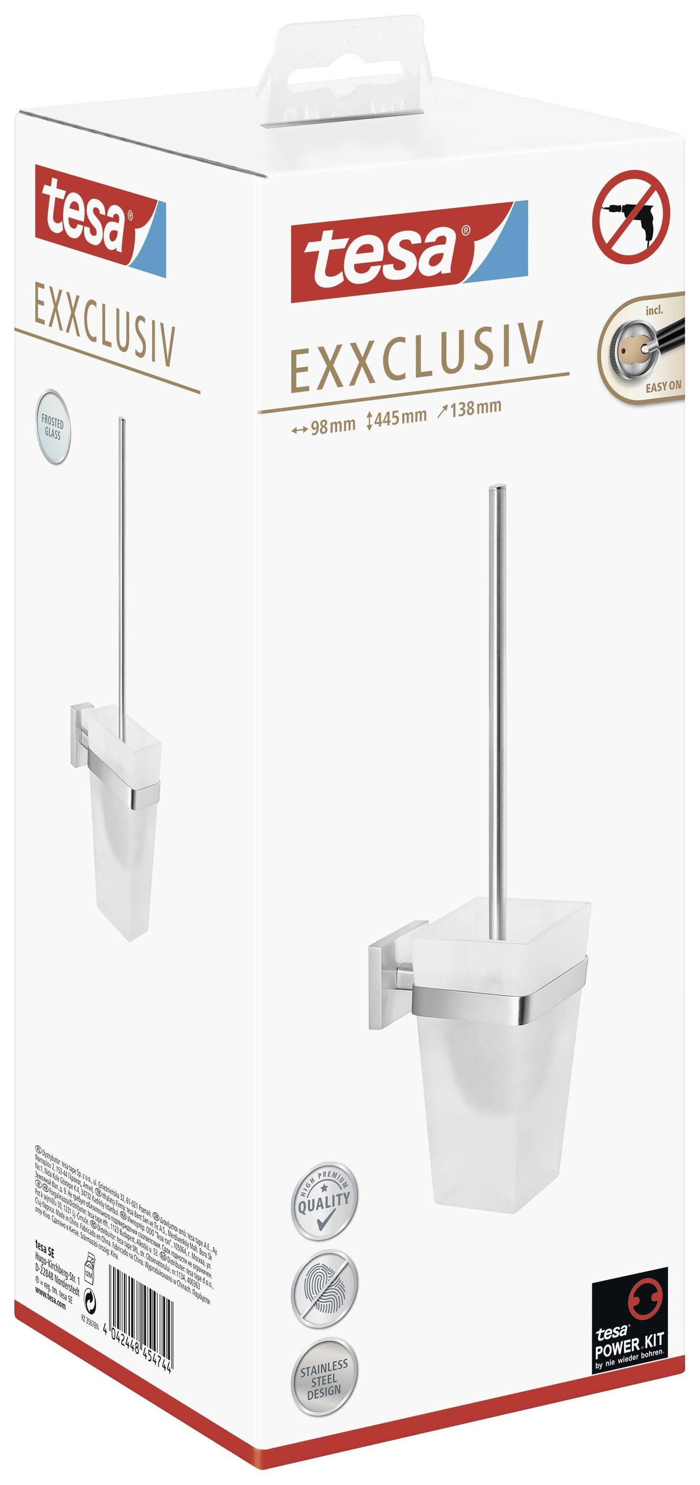 Packaging for a Tesa Exxclusiv Toilet Brush Holder. Contains product illustration, mounting instructions, and dimensions: 90x445x138mm.