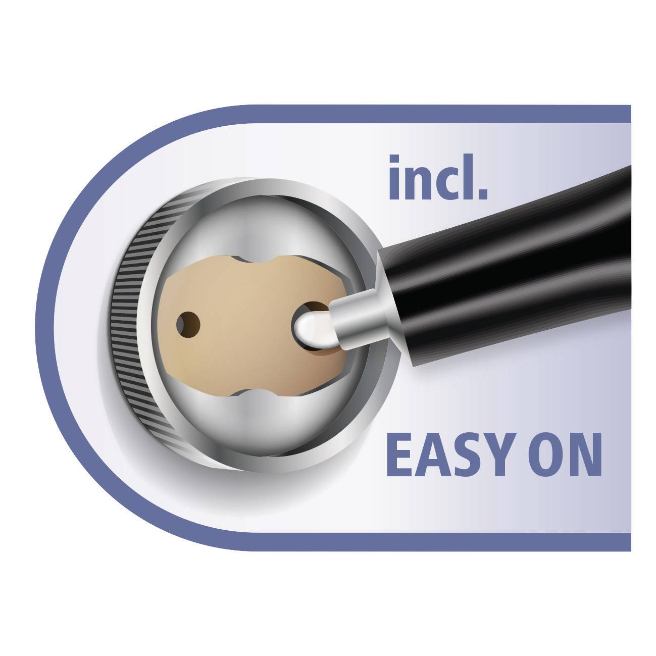 An electrical plug is effortlessly inserted into a socket, accompanied by the inscription 'incl. EASY ON'.