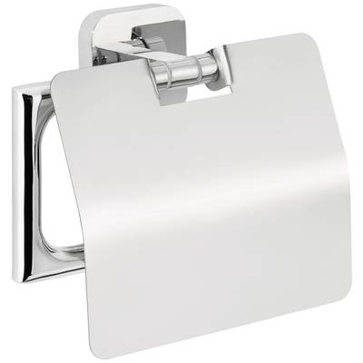 Chrome metal toilet roll holder with a shiny finish, rectangular cover, and round wall mounting.