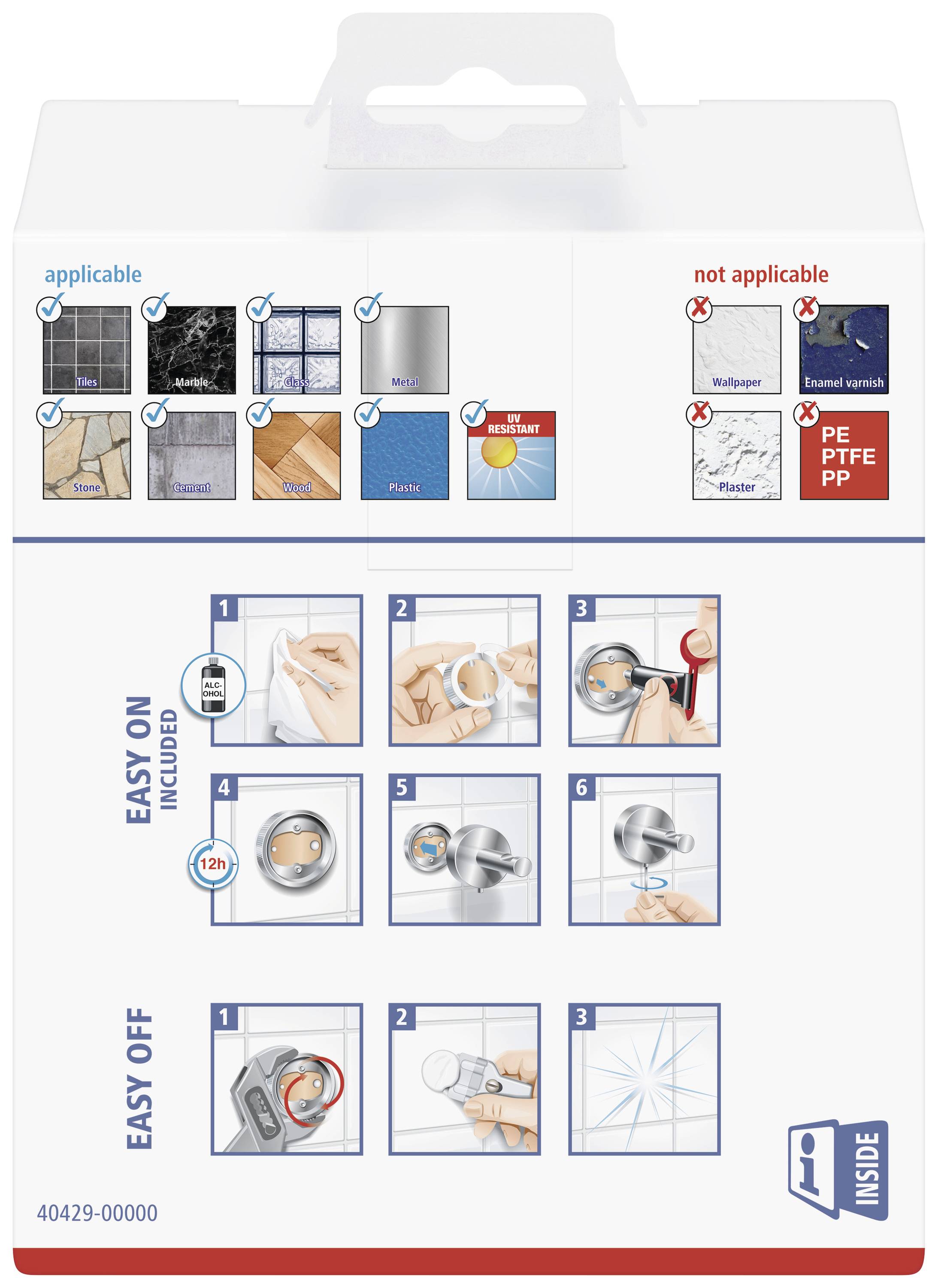 Instructions for Mounting a Bracket: 'Easy On' shows steps for installation, 'Easy Off' shows steps for removal. Materials: suitable and unsuitable.