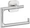 Metallic toilet roll holder with wall-mounted single-bar construction. Square base plate with contemporary design.