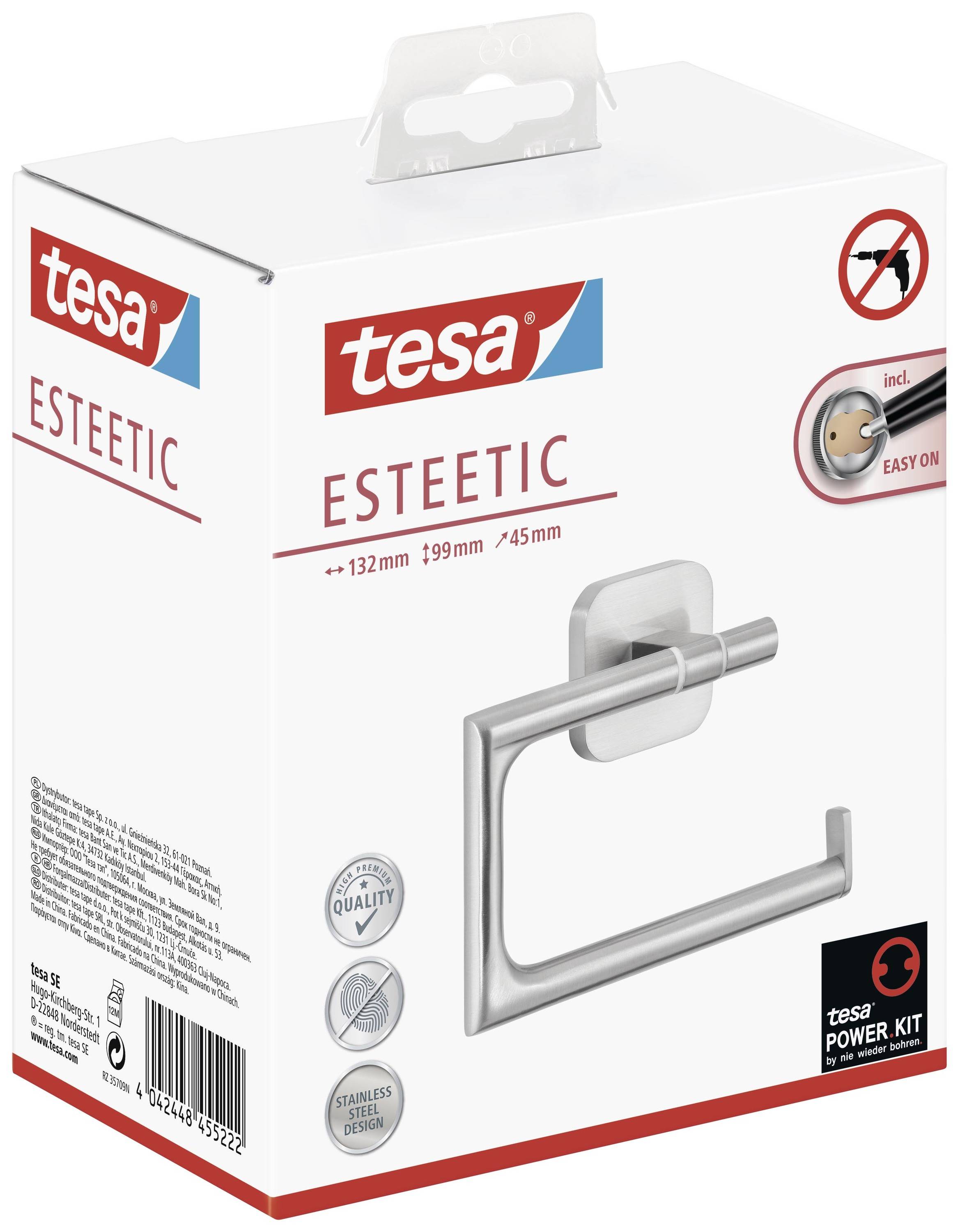 Packaging for a Tesa Esteetic stainless steel towel holder with Power Kit for easy wall mounting, without drilling.