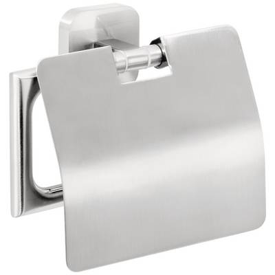 Stainless Steel Toilet Roll Holder with Hinged Cover, Mounted on a Wall Bracket. A Modern, Minimalist Design Article.