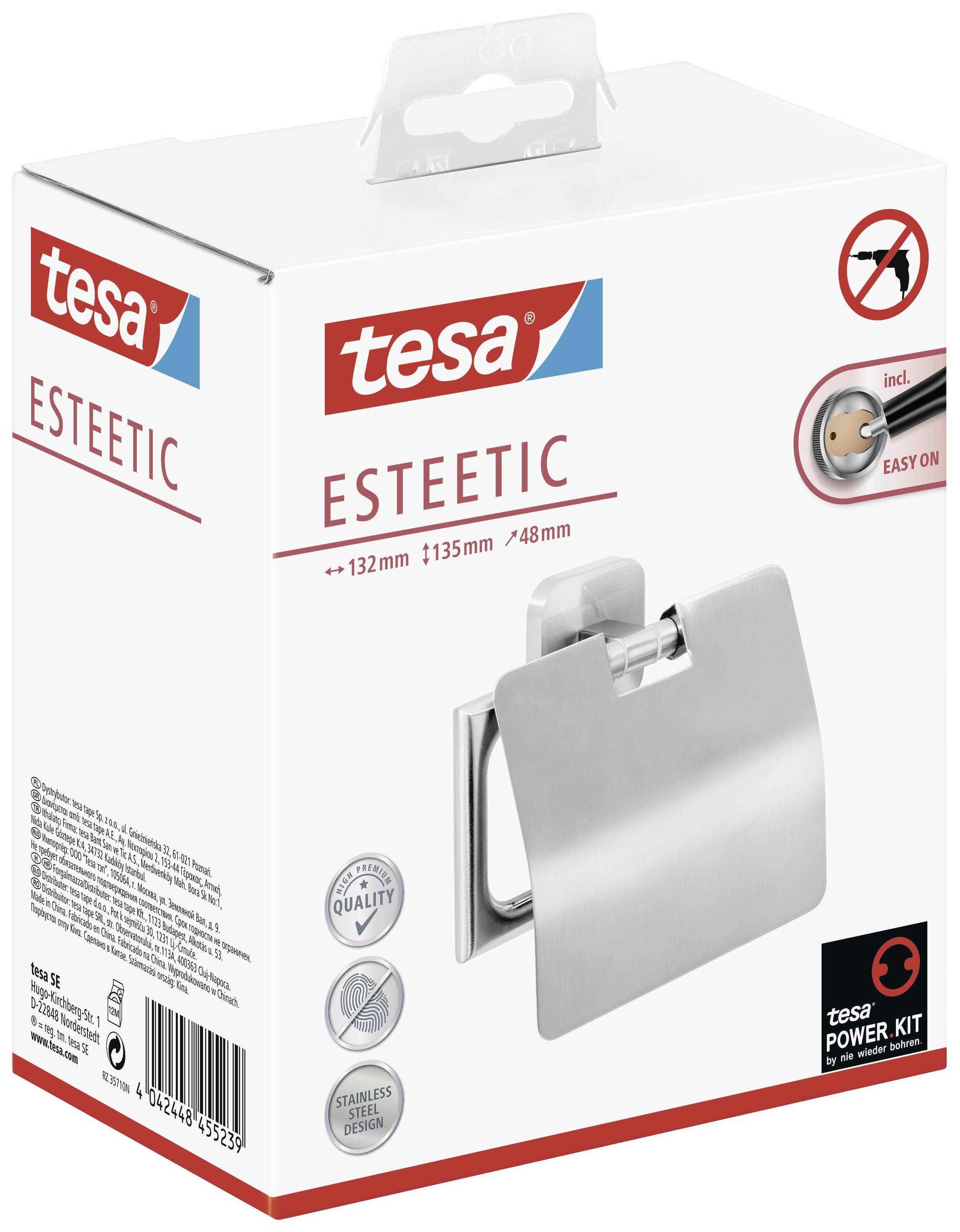 A product packaging for 'tesa ESTEETIC' for a self-adhesive stainless steel towel holder, including mounting instructions.