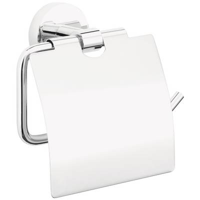A chrome-plated toilet roll holder with a cover, wall-mounted.