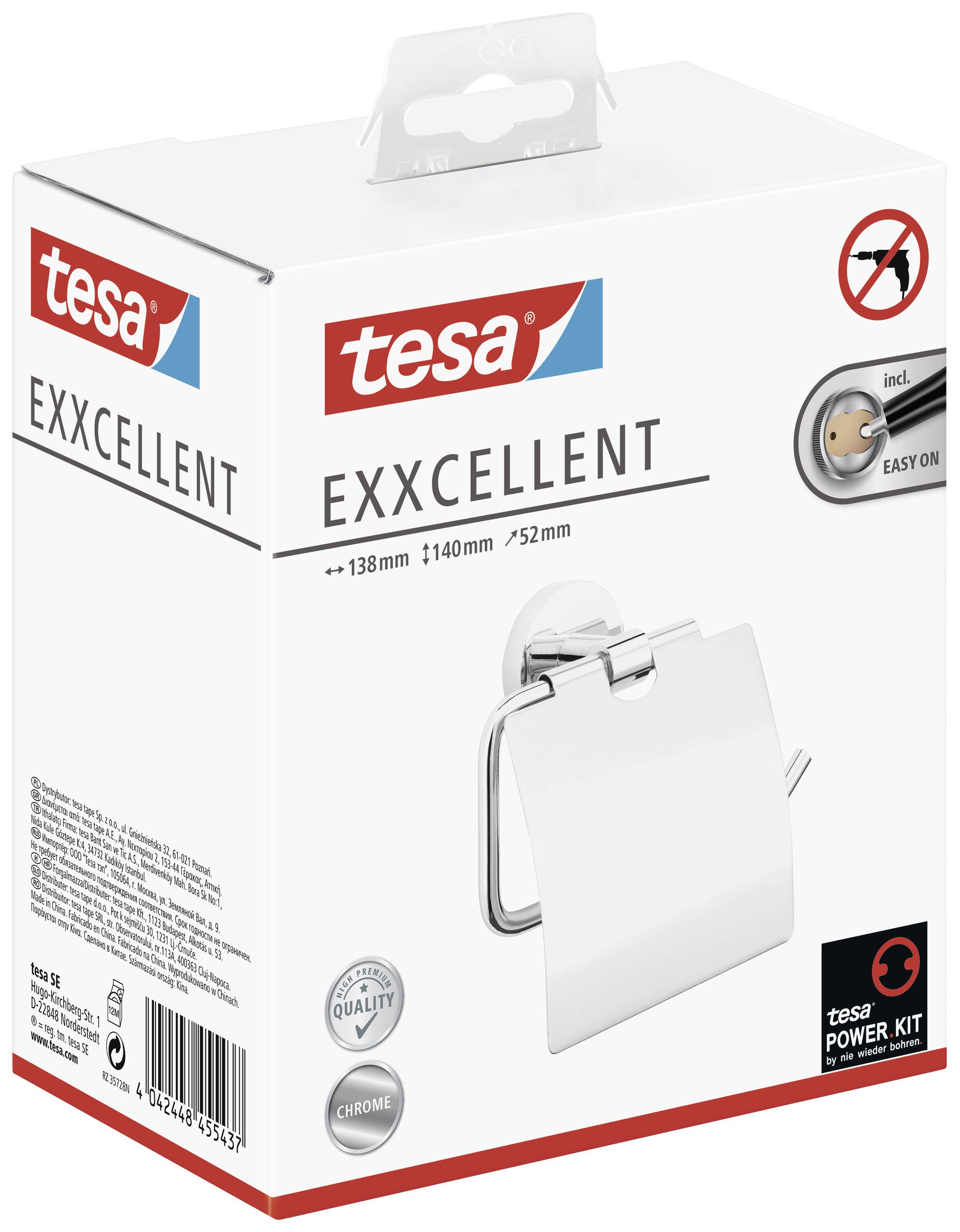 Packaging for a tesa 'EXXCELLENT' toilet roll holder in chrome finish, including a mounting system that requires no drilling.