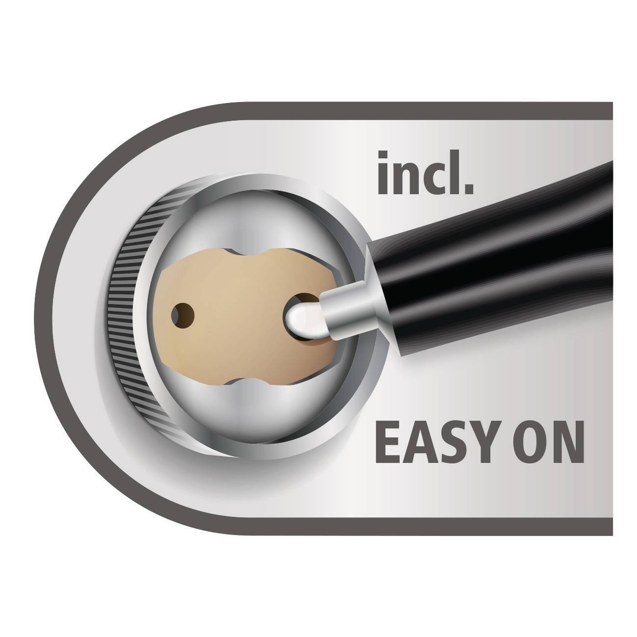 'Close-up of a press-stud fastener of a pen, screwed into a lid, with the text: incl. EASY ON.'