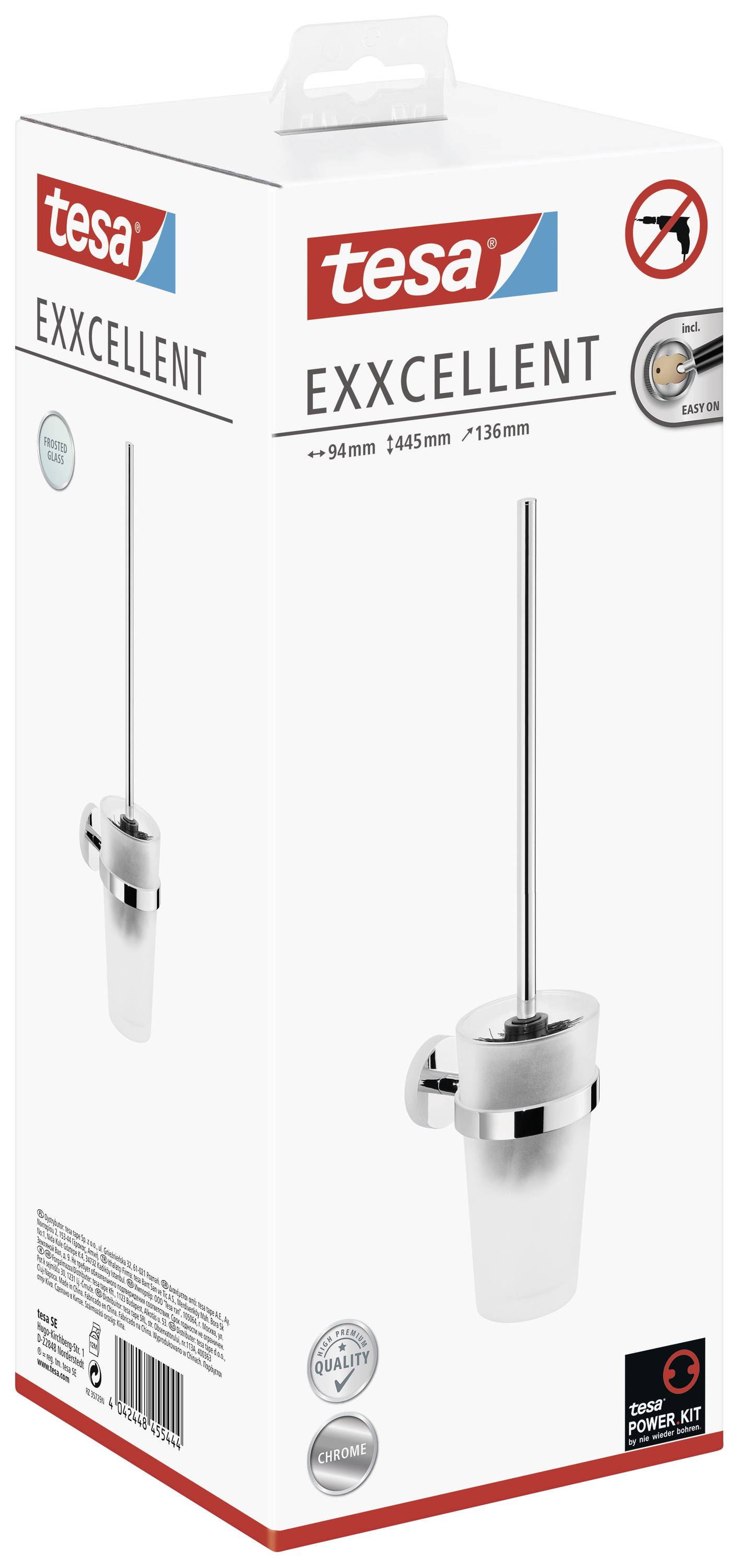 Packaging for a tesa EXXCELLENT toilet brush set, including holder and brush, with tesa Power.Kit. Aluminium finish.