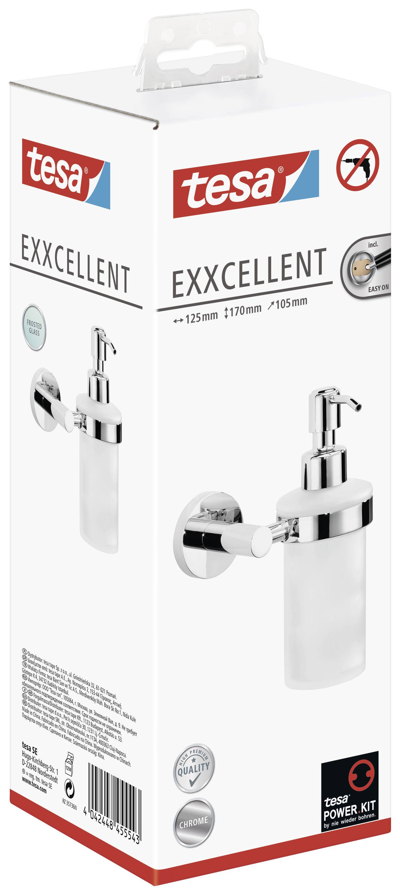 Packaging for a Tesa Exxcelent soap dispenser. The product is shown with a shiny holder and a matte dispenser.