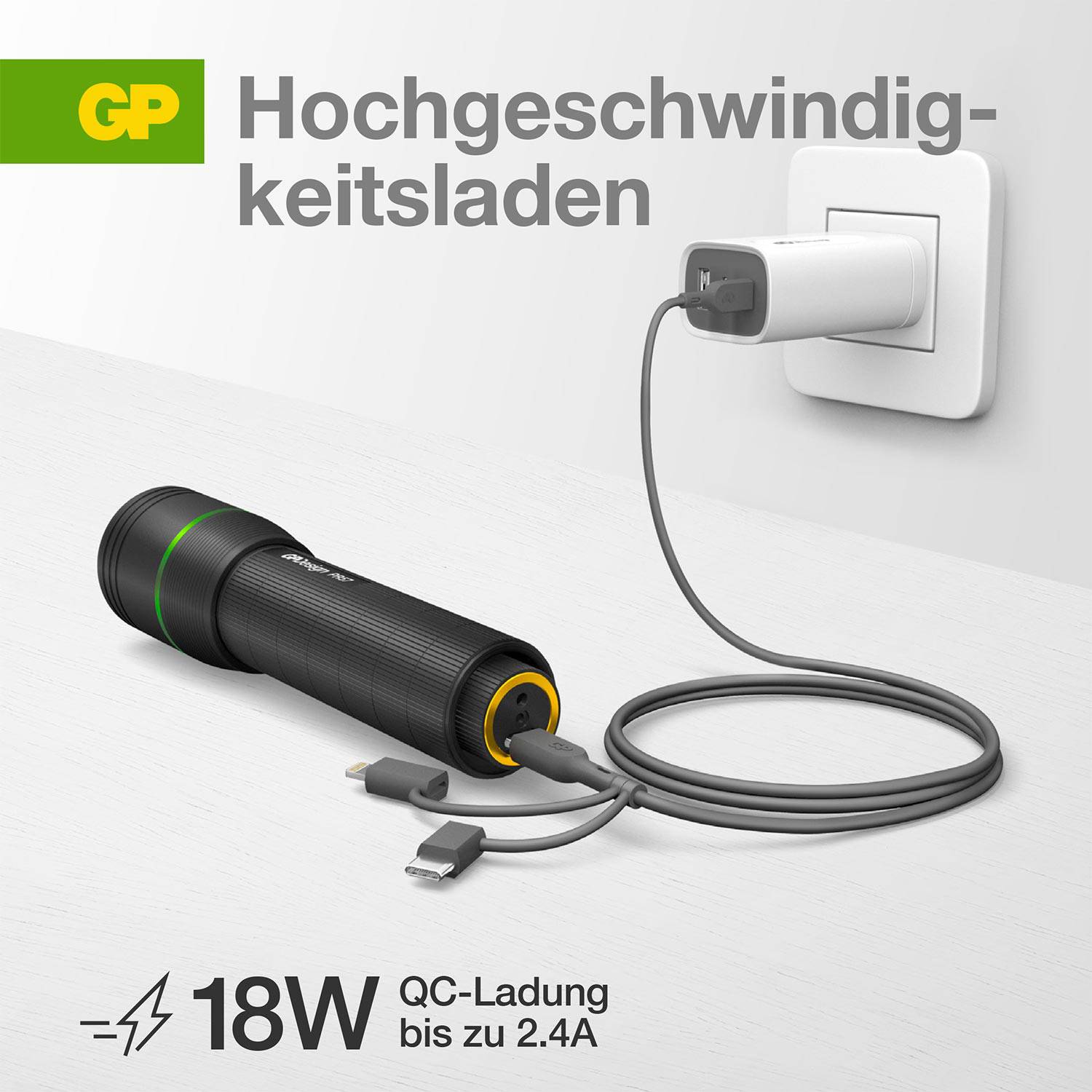 A black charger with a green LED on a grey background, connected to a wall socket. Text: "High-speed charging, 18W quick charge up to 2.4A".