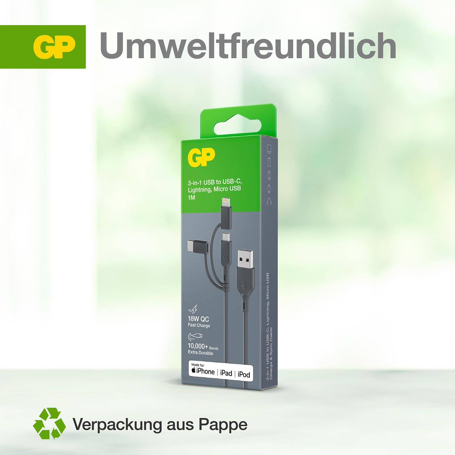 'Environmentally Friendly' at the top. Packaging shows a green GP cable, compatible with iPhone, iPad, iPod. 'Cardboard packaging' at the bottom.
