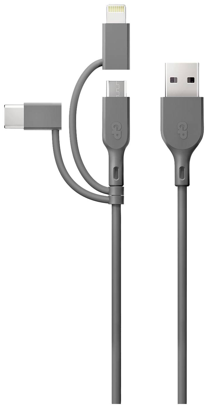 A USB charging cable with three connectors: USB-C, Micro-USB and Lightning, for versatile device compatibility.