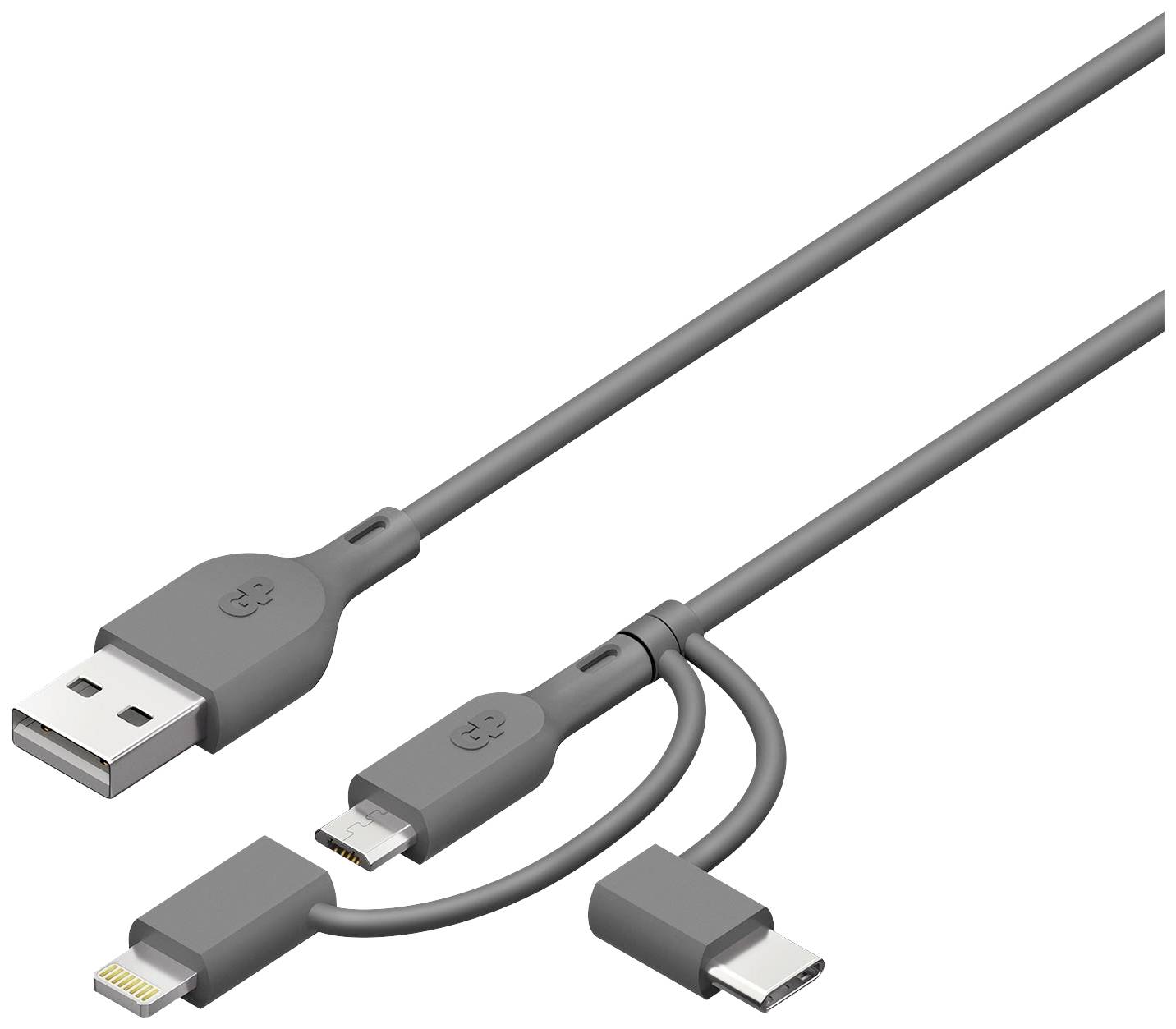 A grey charging cable with four connectors: USB-A, Micro-USB, USB-C and Lightning.