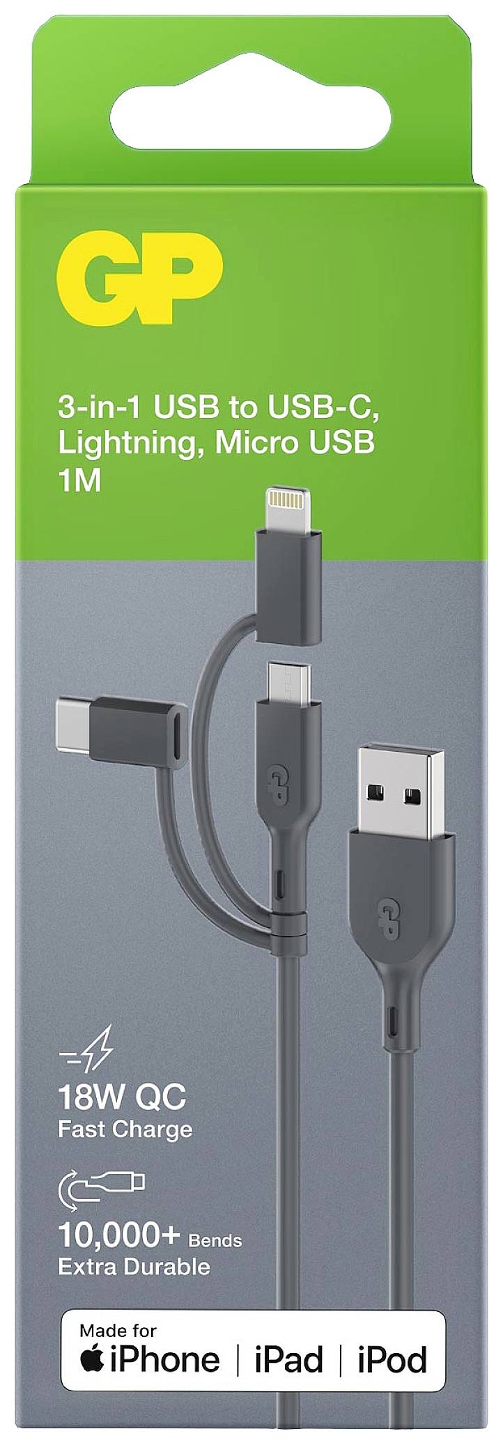 Packaging for a 3-in-1 USB Cable with USB-C, Lightning and Micro USB. 1 metre long, 18W fast charging function, high durability.