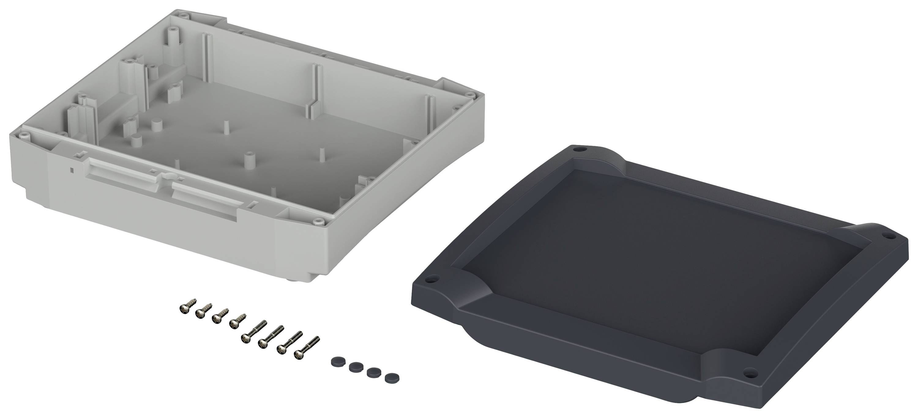 A grey, rectangular plastic enclosure is open, revealing its underside. Screws and covers are lying beside it.