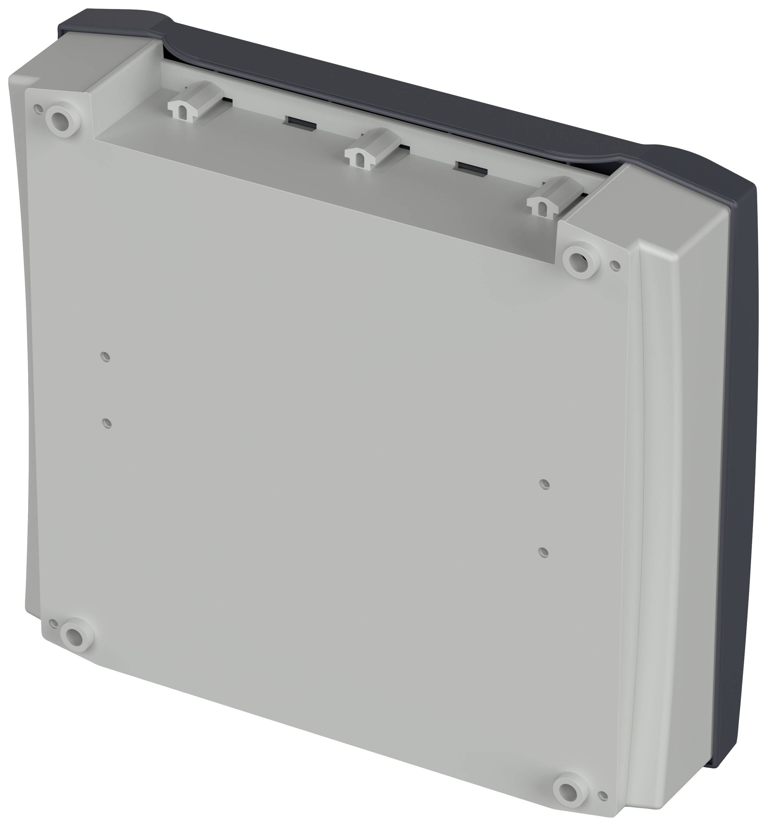 Plastic enclosure in a rectangular shape with rounded corners, with visible screw holes at the corners and a dark stripe along one edge.