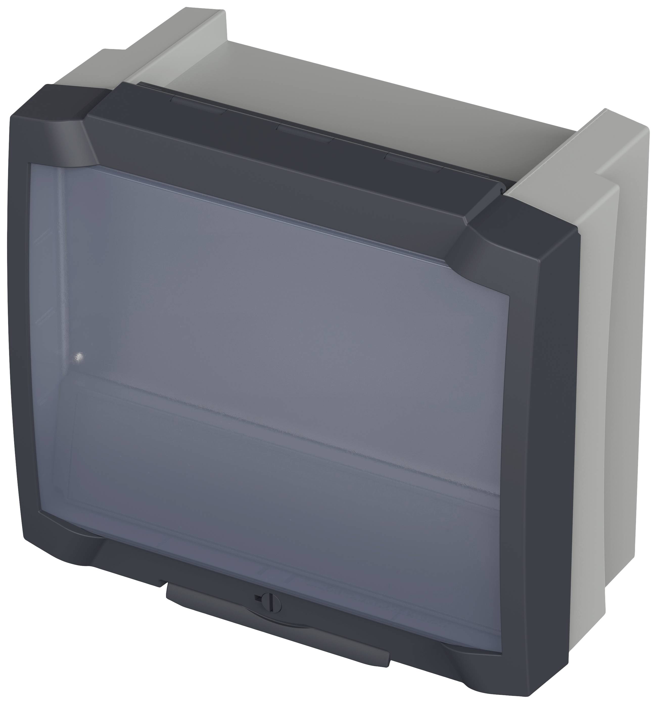 An electrical enclosure with a transparent front cover, black frame, and light grey body. Ideal for protecting electronic components.